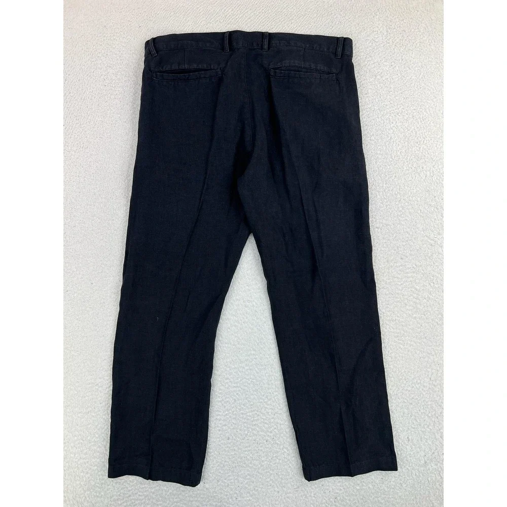Alex Crane Pants Mens 34x28 Black Regular Fit 100% Linen Pleated Chino Casual